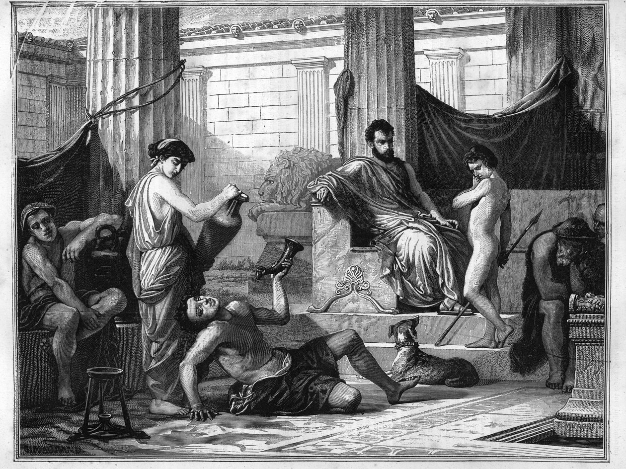 Uddannelse i Sparta i det antikke Grækenland: en fuld slave bliver introduceret til en ung dreng for at vise ham farerne ved alkohol. Indgravering fra 1880 i "La republique illustree"" privatsamling. af Anonymous Anonymous