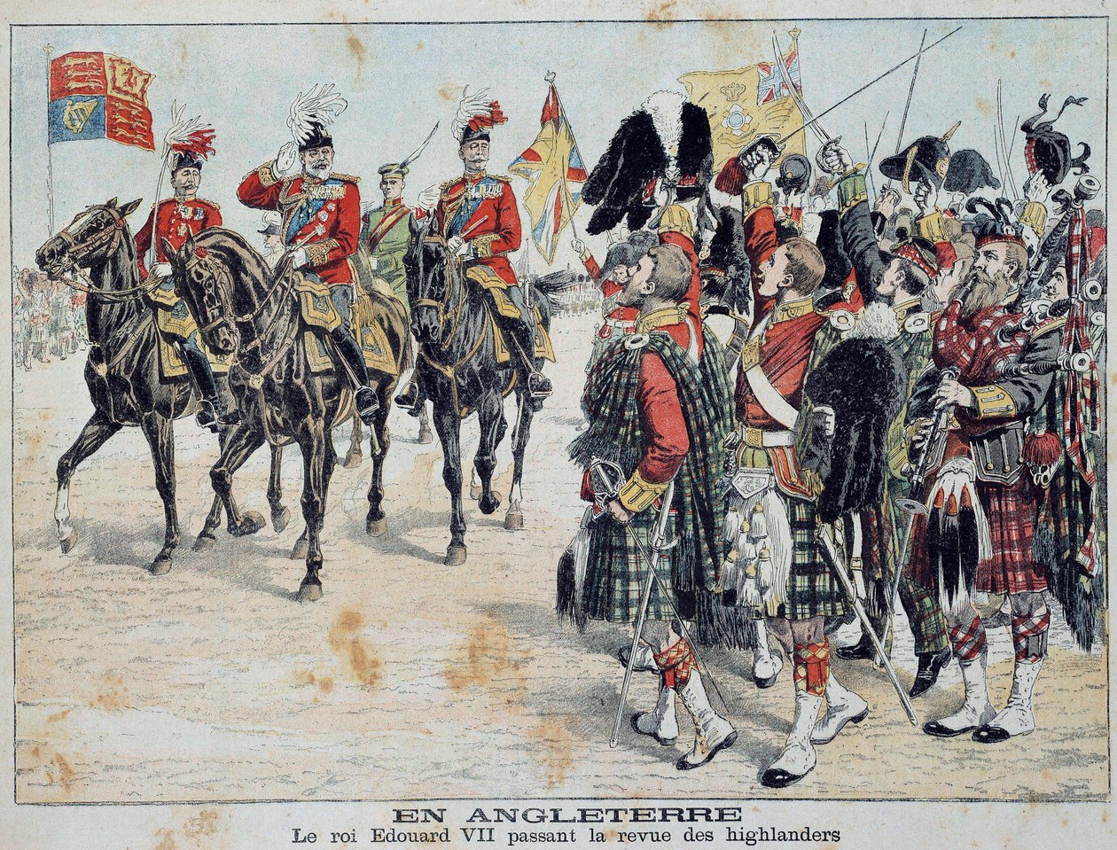 Edward VII (1841-1910) Kongen af England anmelder Scottish Highlanders Illustration fra det berømte supplement til "Little Diary" 1905 Private Collection af Anonymous Anonymous