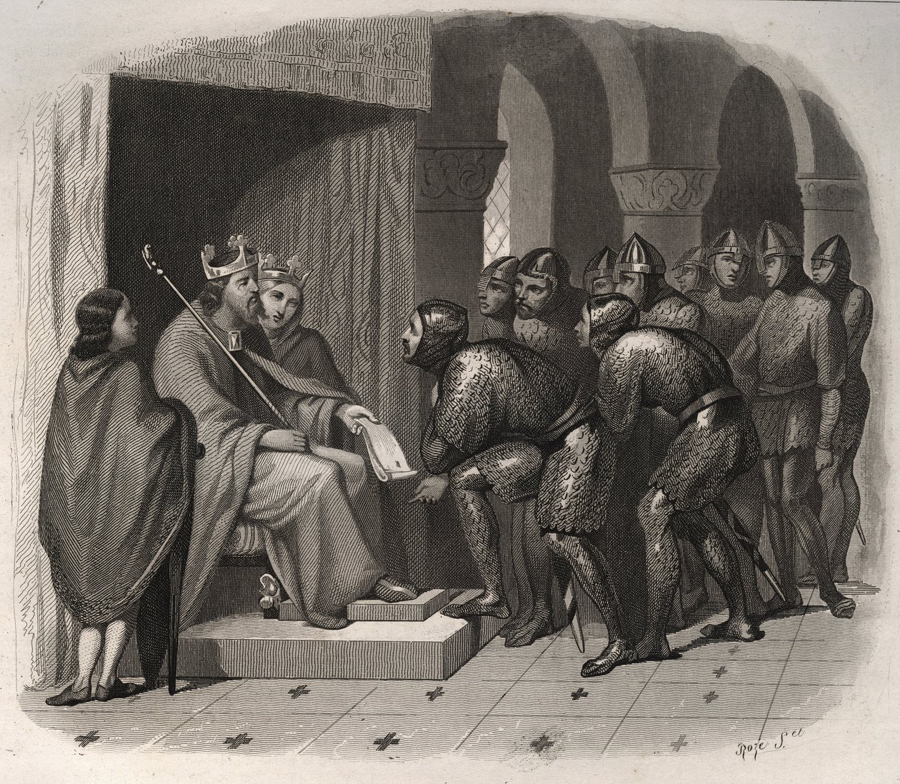 Edvard Bekenderen (en af de sidste angelsaksiske konger af England) - St. Edvard Bekendelsesfaderen (1004-1066) giver nye love til sit folk. Indgravering fra 1846 i ""De helliges liv"". Privat samling. af Anonymous Anonymous