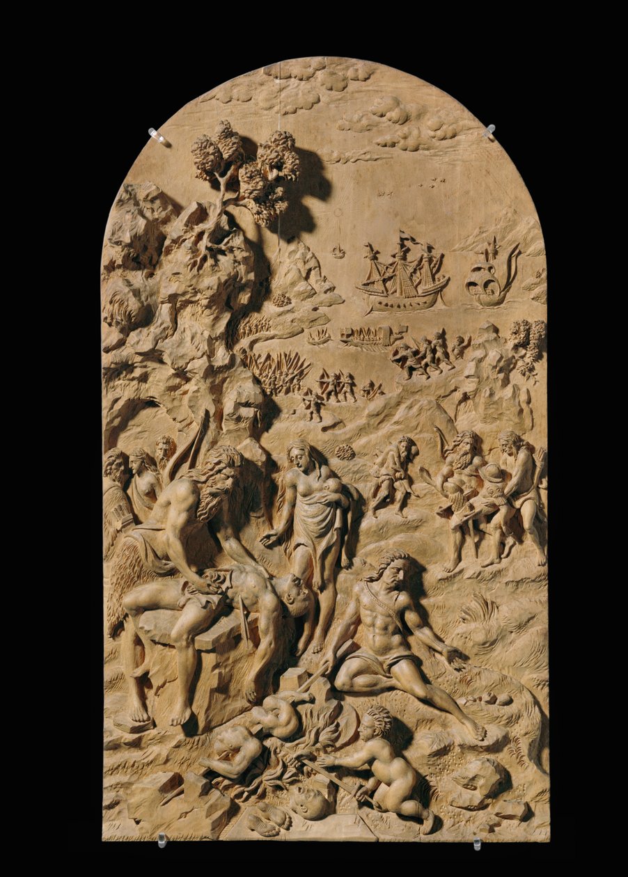 Otte udskårne relieffer, kirsebær ... (relief) af Anonymous Anonymous