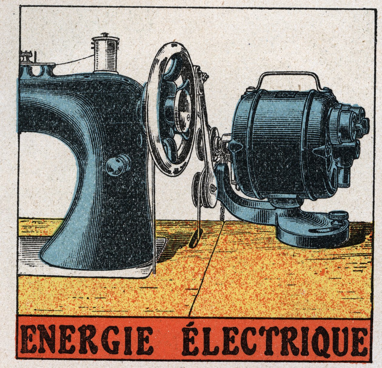 Elektrisk strøm: elektrisk symaskine. Anonym illustration af 1925. Privat samling. af Anonymous Anonymous