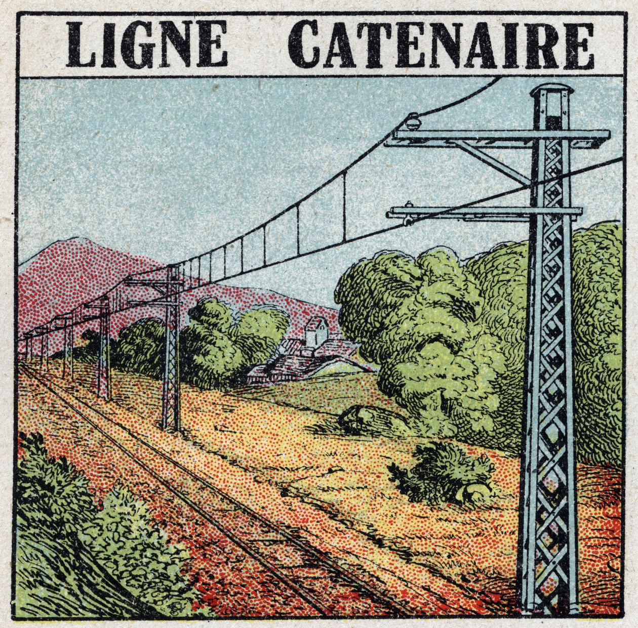 Elektriske jernbaner: Catennial linje. Anonym illustration af 1925. Privat samling. af Anonymous Anonymous