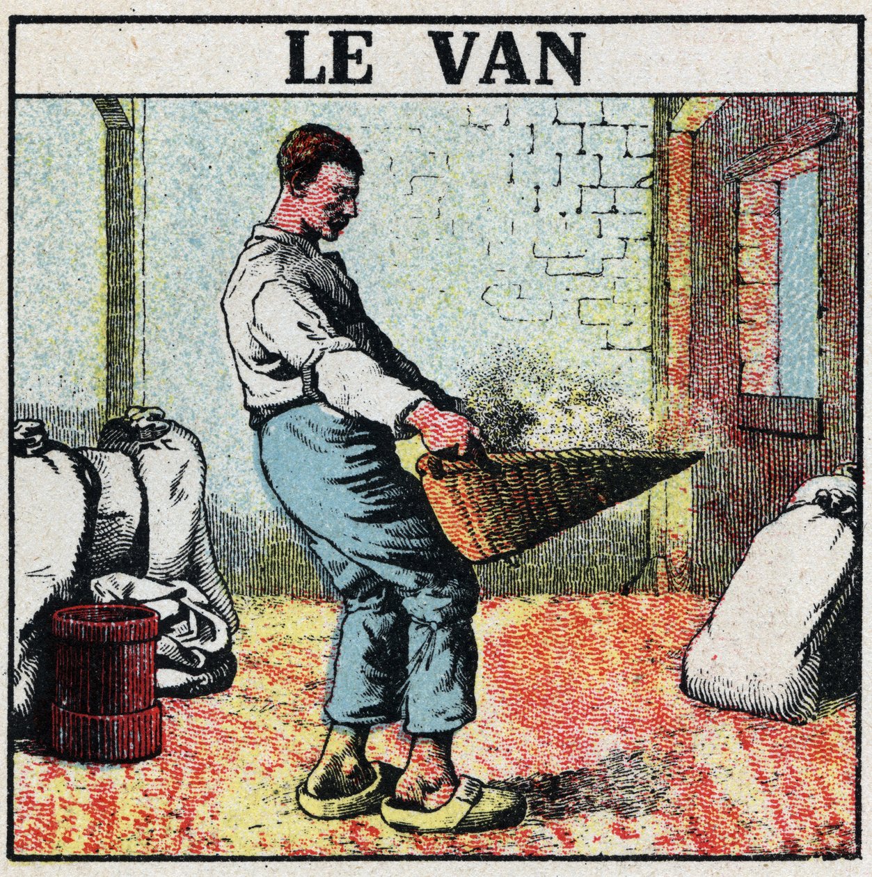 Elektrisk værktøj: varevognen eller flettet kurv bruges til at tørre korn før opfindelsen af elektriske maskiner. Anonym illustration fra 1925. Privat samling. af Anonymous Anonymous