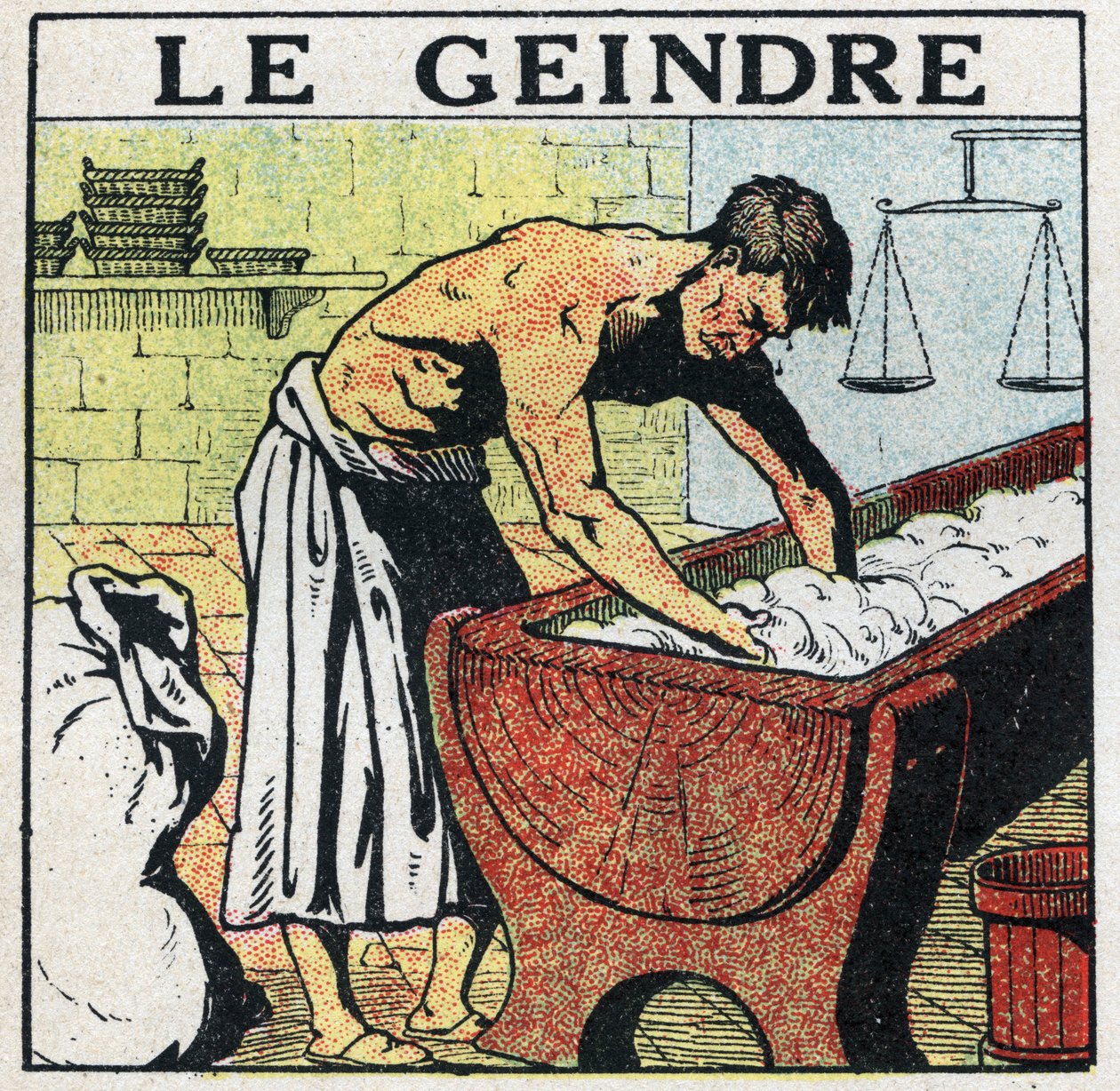 Elektriske værktøjer: klynken eller assistenten til bageren, hvis metier var at skrælle frugtkødet før opfindelsen af elektriske petriner. Anonym illustration fra 1925. Privat samling. af Anonymous Anonymous