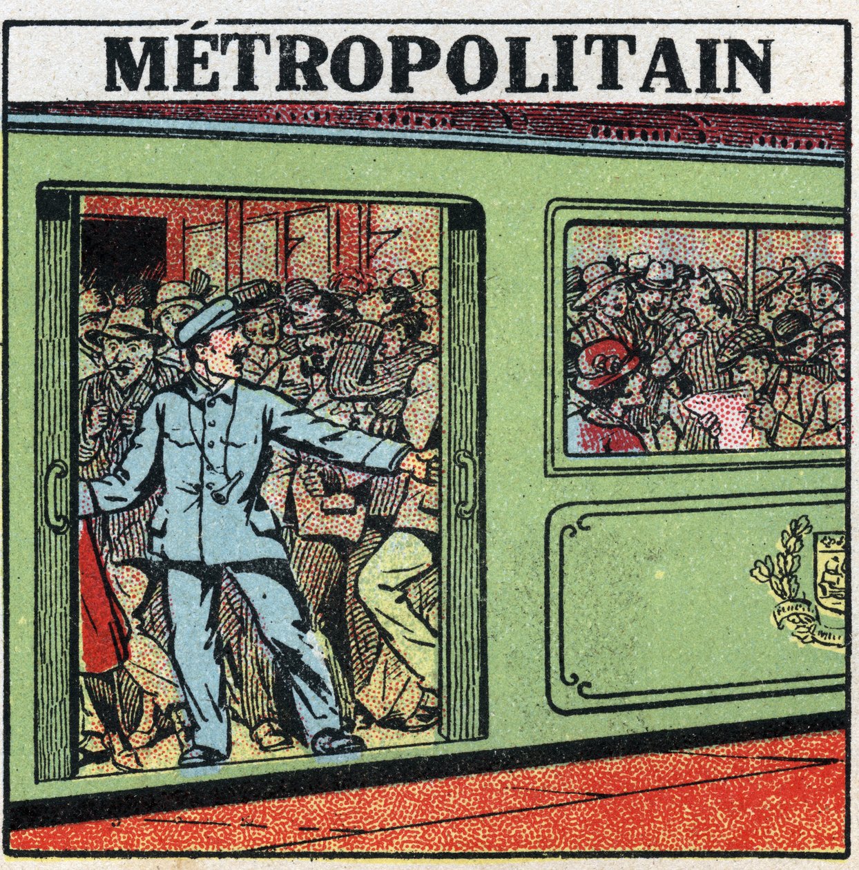 Elektriske sporvogne: passagerer hober sig op i Metropolitain i Paris. Anonym illustration fra 1925. Privat samling. af Anonymous Anonymous