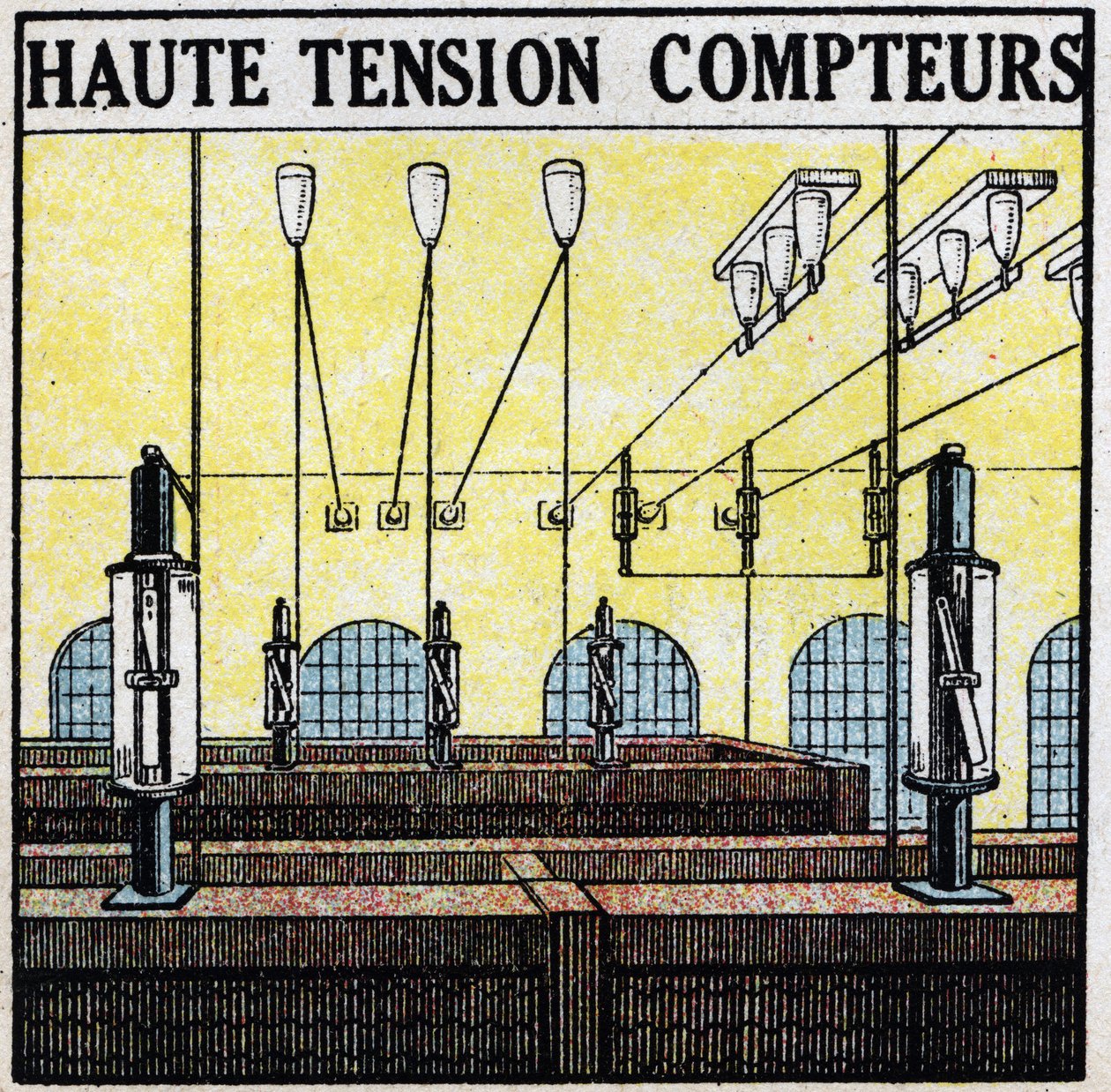 Elektriske ledninger: højspændingsmålere. Anonym illustration fra 1925. Privat samling. af Anonymous Anonymous
