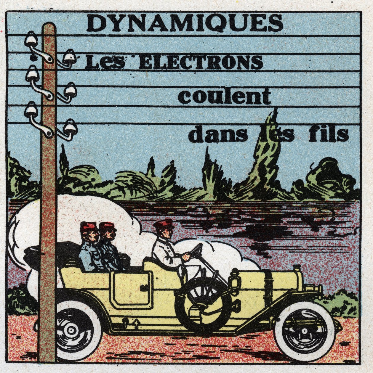 Elektriske fænomener: dynamiske fænomener. Elektroner strømmer gennem elektriske ledninger. Anonym illustration fra 1925. Privat samling. af Anonymous Anonymous
