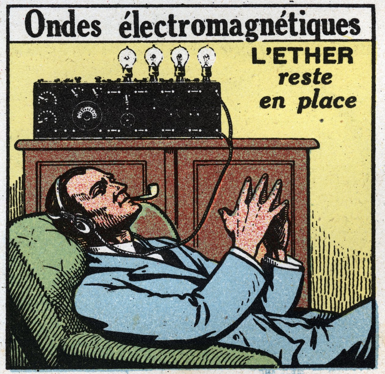 Elektriske fænomener: hvis æteren forbliver på plads, giver vibrationsbevægelsen de elektromagnetiske bølger, der bruges i T.S.F. Anonym illustration af 1925. Privat samling. af Anonymous Anonymous