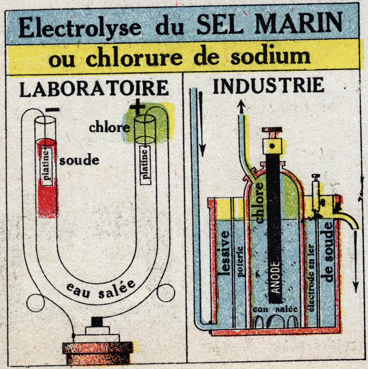 Elektrokemi: elektrolyse af havsalt eller natriumchlorid. Anonym illustration fra 1925. Privat samling. af Anonymous Anonymous