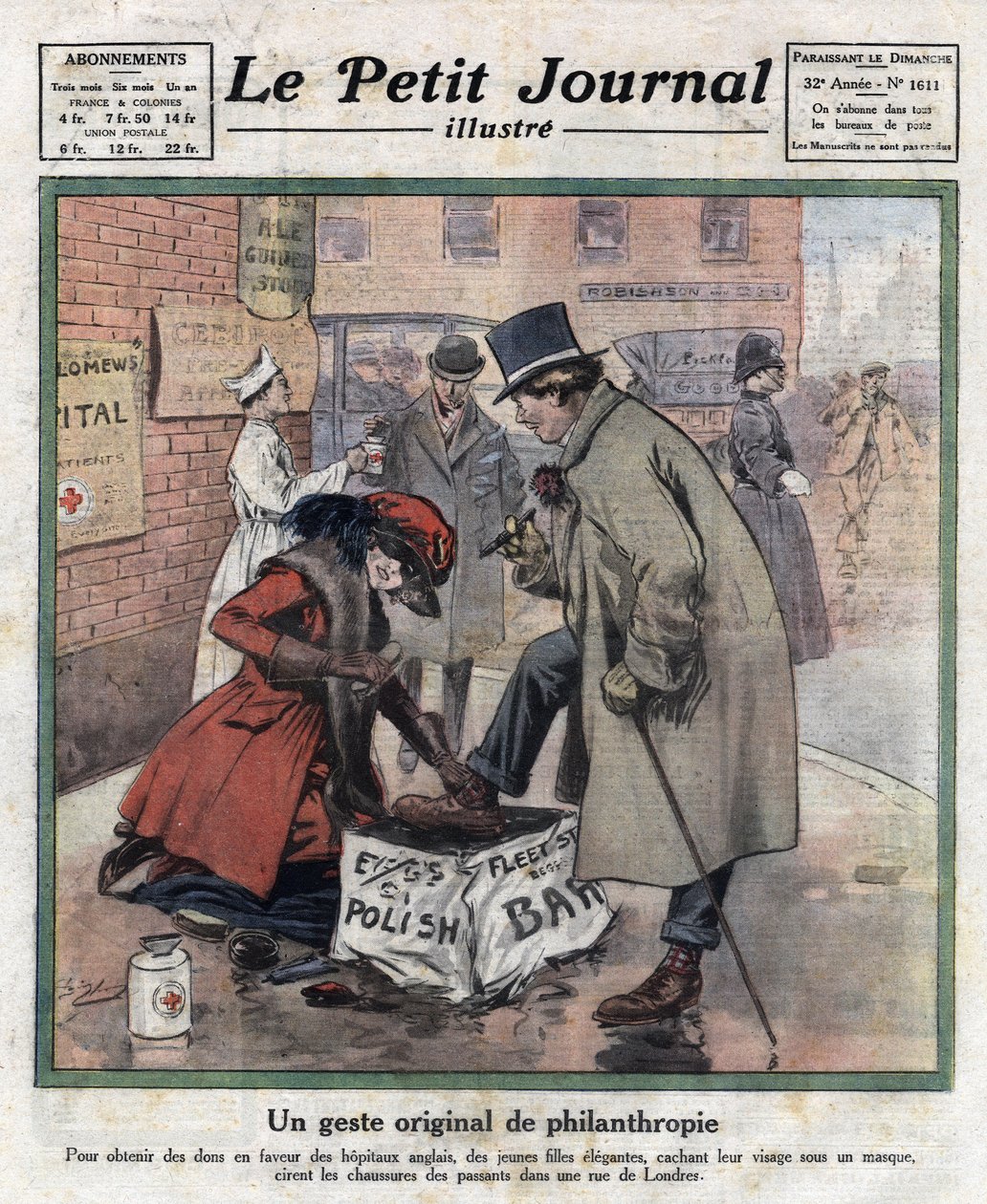 Elegante unge piger, deres ansigt gemmer sig bag en maske, vokser London forbipasserendes sko for at samle penge ind til engelske hospitaler. Illustration taget fra "" Le petit journal illustrious""" af 06/11/1921. Privat samling af Anonymous Anonymous