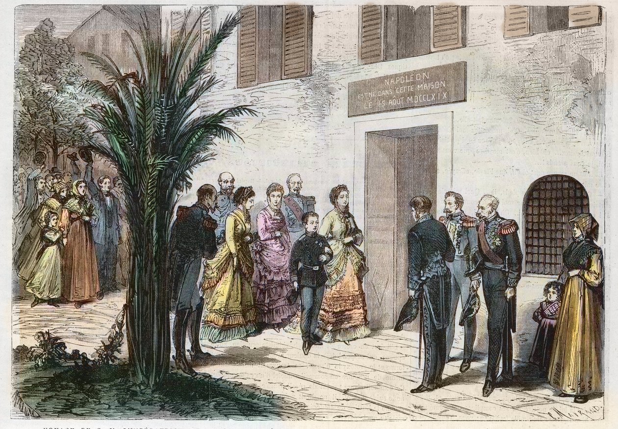 Kejserinde Eugenia og prins kejserlige Louis Napoleon besøger huset, hvor Napoleon I blev født, i Ajaccio, Korsika, Frankrig 1869 - rejse for den kejserlige og kejserlige prins - besøg i Napoleon I