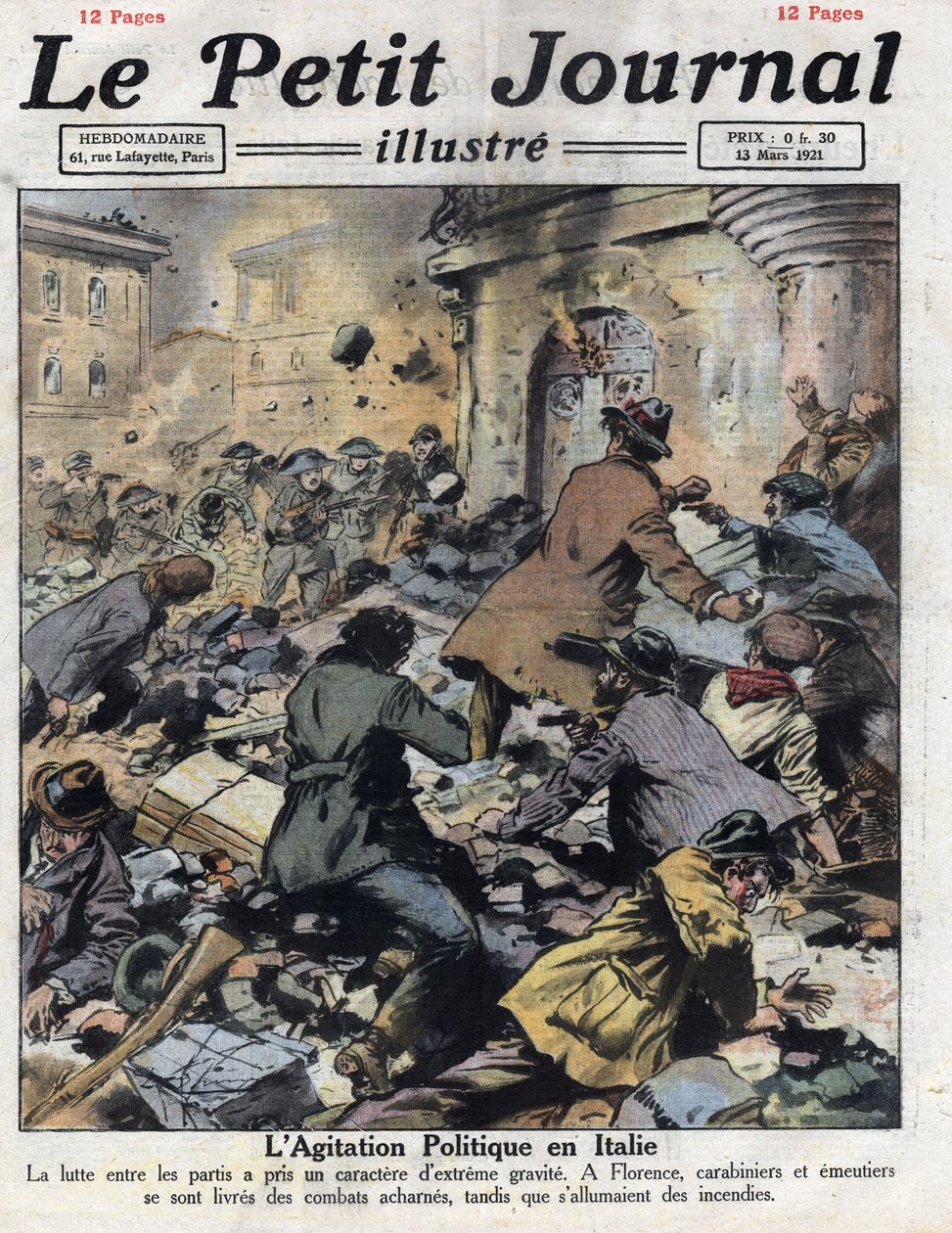 Emuterer i Firenze mellem kommunister og fascister den 27. februar. Intervention af carabinieri. Illustration taget fra "" Le petit journal"" af 13/03/1921. Privat samling af Anonymous Anonymous
