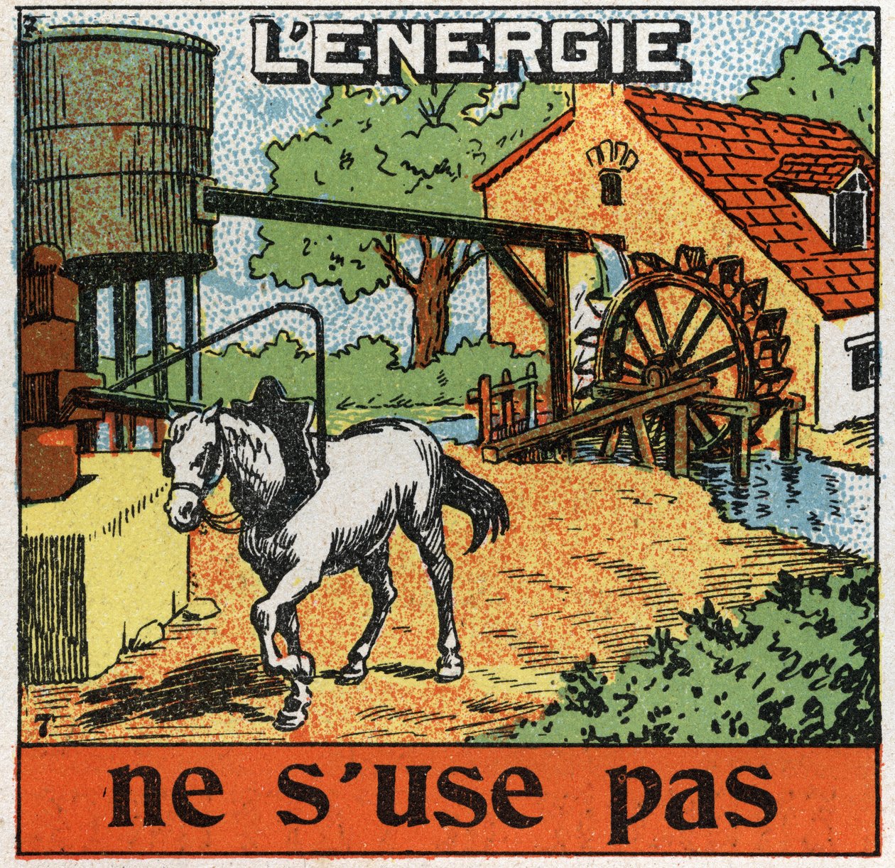 Energi bliver ikke slidt: Hesten sætter sig fast i en manege og hører vand i et reservoir. Anonym illustration fra 1925. Privat samling. af Anonymous Anonymous