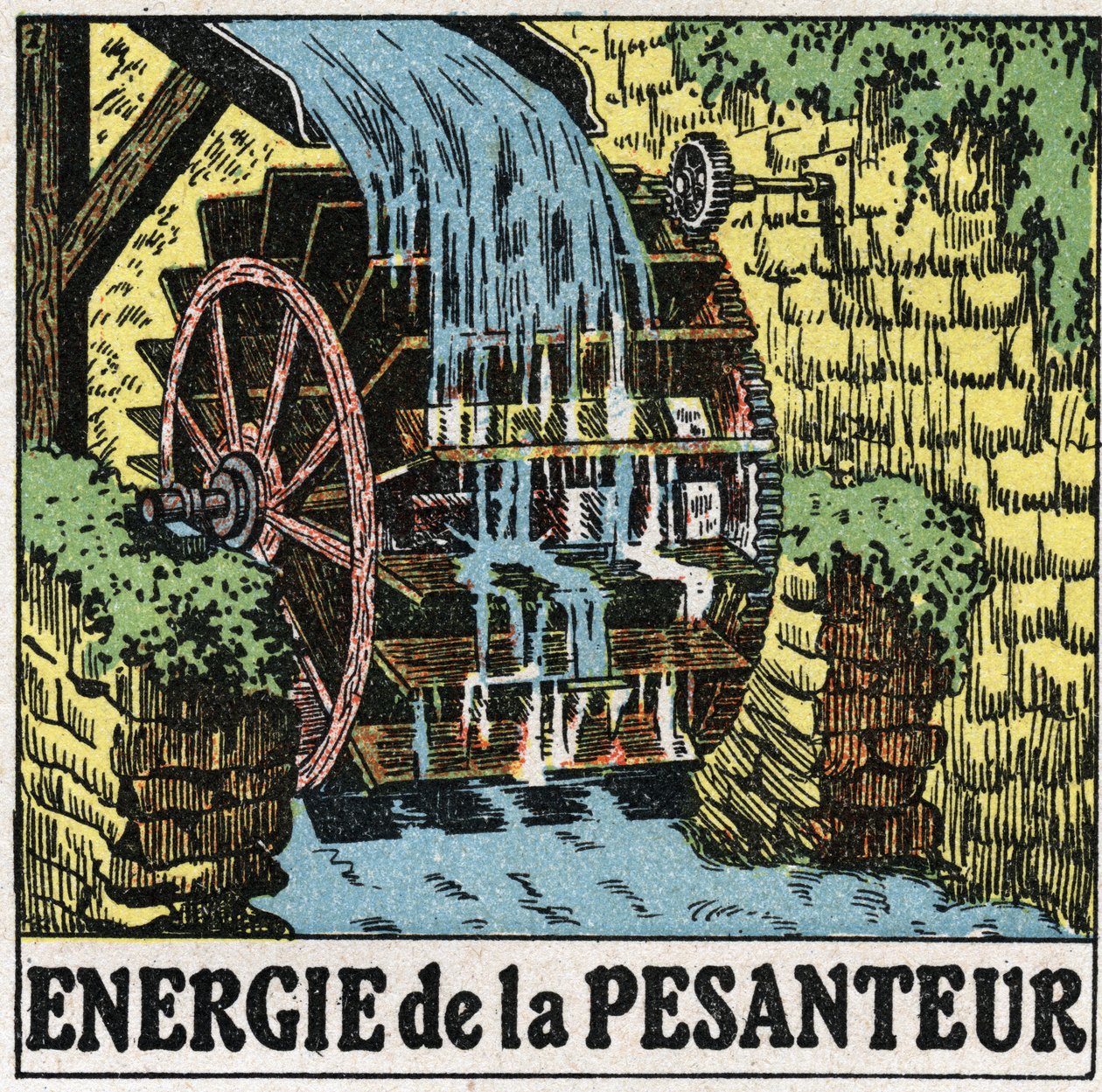 Tyngdekraftens energi: hjul på en vandmølle. Anonym illustration fra 1925. Privat samling. af Anonymous Anonymous