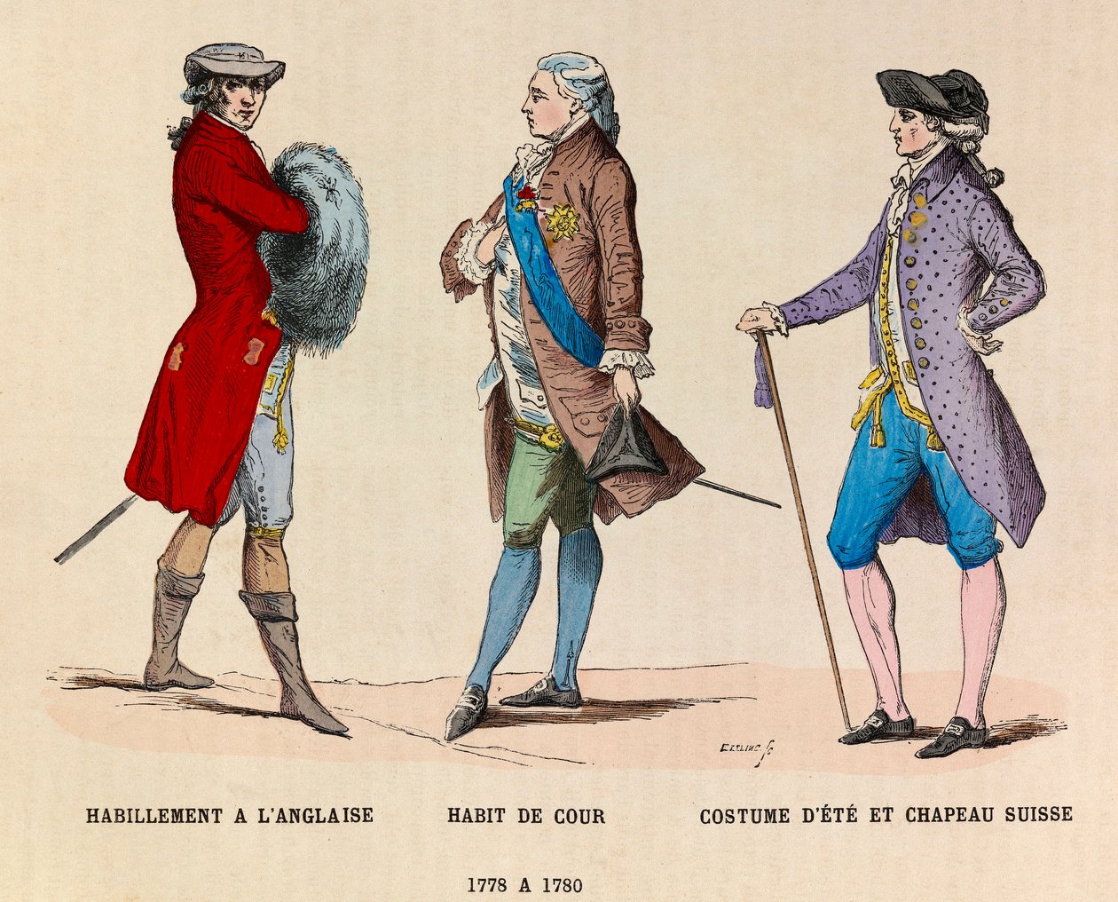 Engelsk tøj, en hofdragt og en schweizerhat fra 1778 til 1780 - privat samling af Anonymous Anonymous