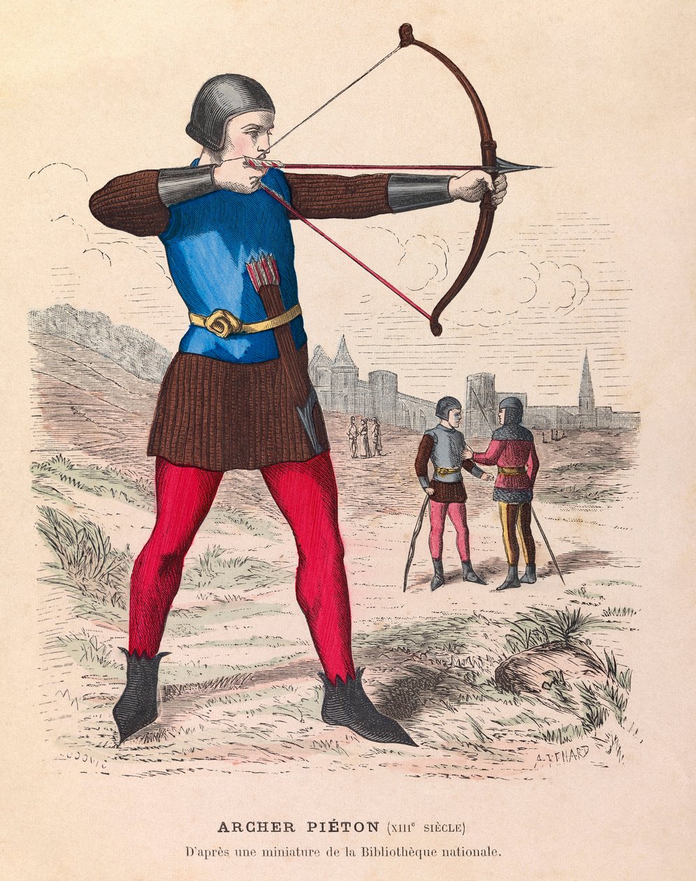 Gravering - Archer pieton du 13eme Siecle a Paris - Fodgængerbueskytte i Paris i det 13. århundrede - privat samling af Anonymous Anonymous