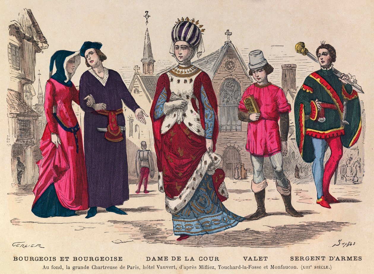 Gravering - Bourgeois et bourgeoise, hofdame, kammertjener, våbensergent i Paris i det 13. århundrede (i baggrunden la grande Chatreuse de Paris, hotel Vauvert) - Hofkostumer i Frankrig i det 13. århundrede - privat samling af Anonymous Anonymous