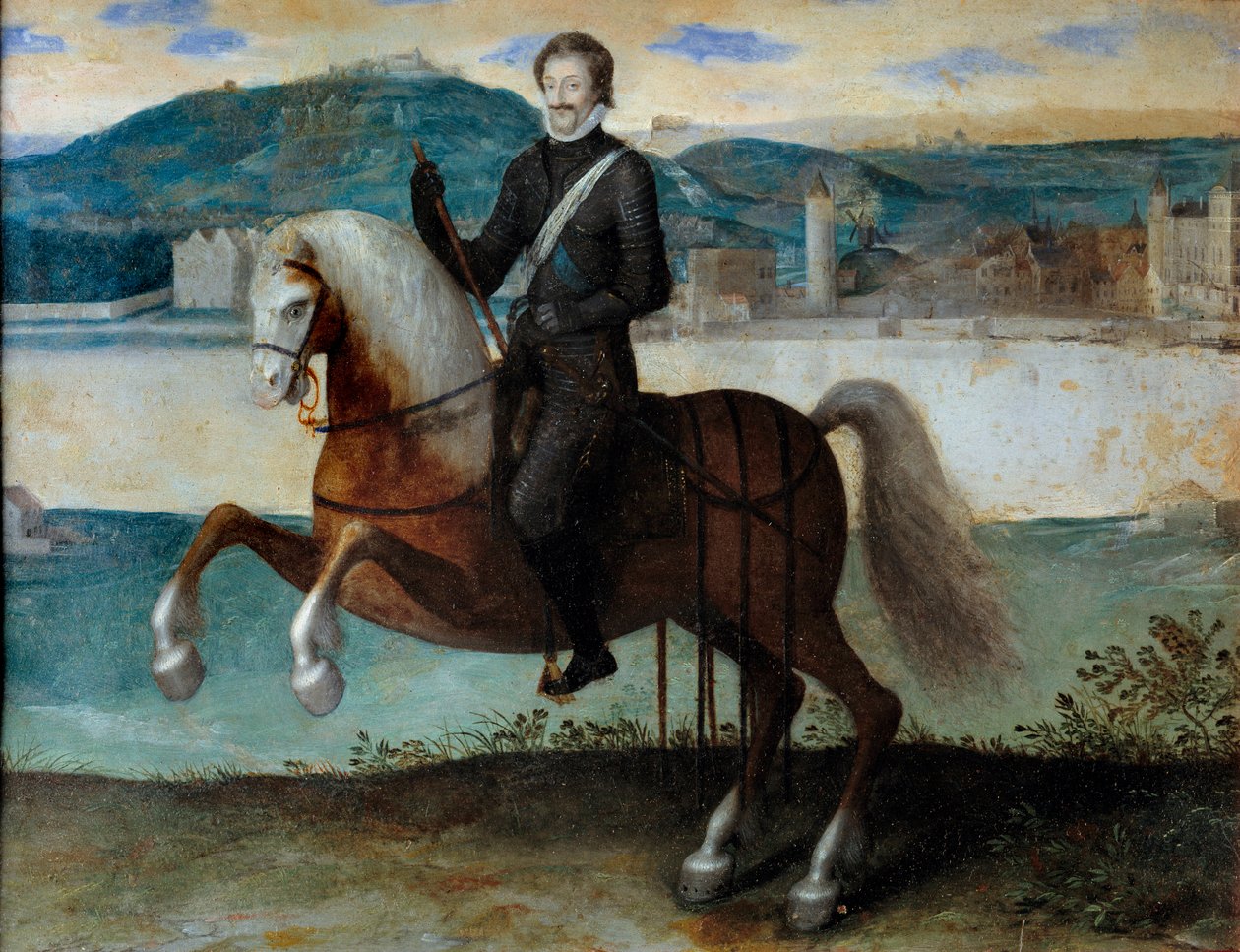 Rytterportræt af Henri IV (1553-1610) foran Paris (1594). Anonymt maleri. h s/kobber. Mål: 0,25 x 0,31 m. Paris, Musée Carnavalet af Anonymous Anonymous