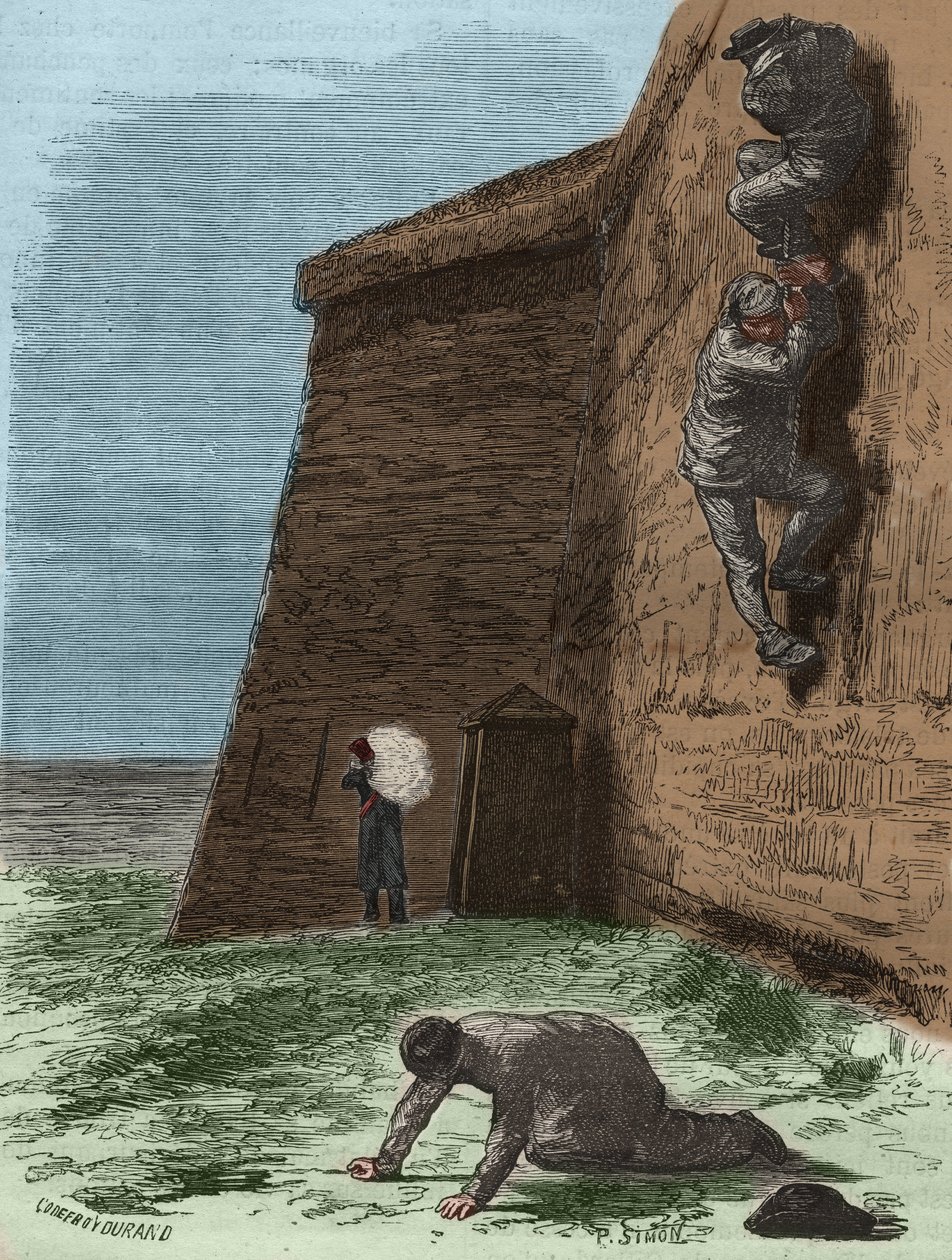 Flygte fra fængslet i Rochefort i det 19. århundrede. Indgravering i "Fangernes historie fra deres skabelse til i dag"" (1877) af Pierre Zaccone (1817-1895) (Colonia Penale - Straffekoloni). Privat samling. af Anonymous Anonymous
