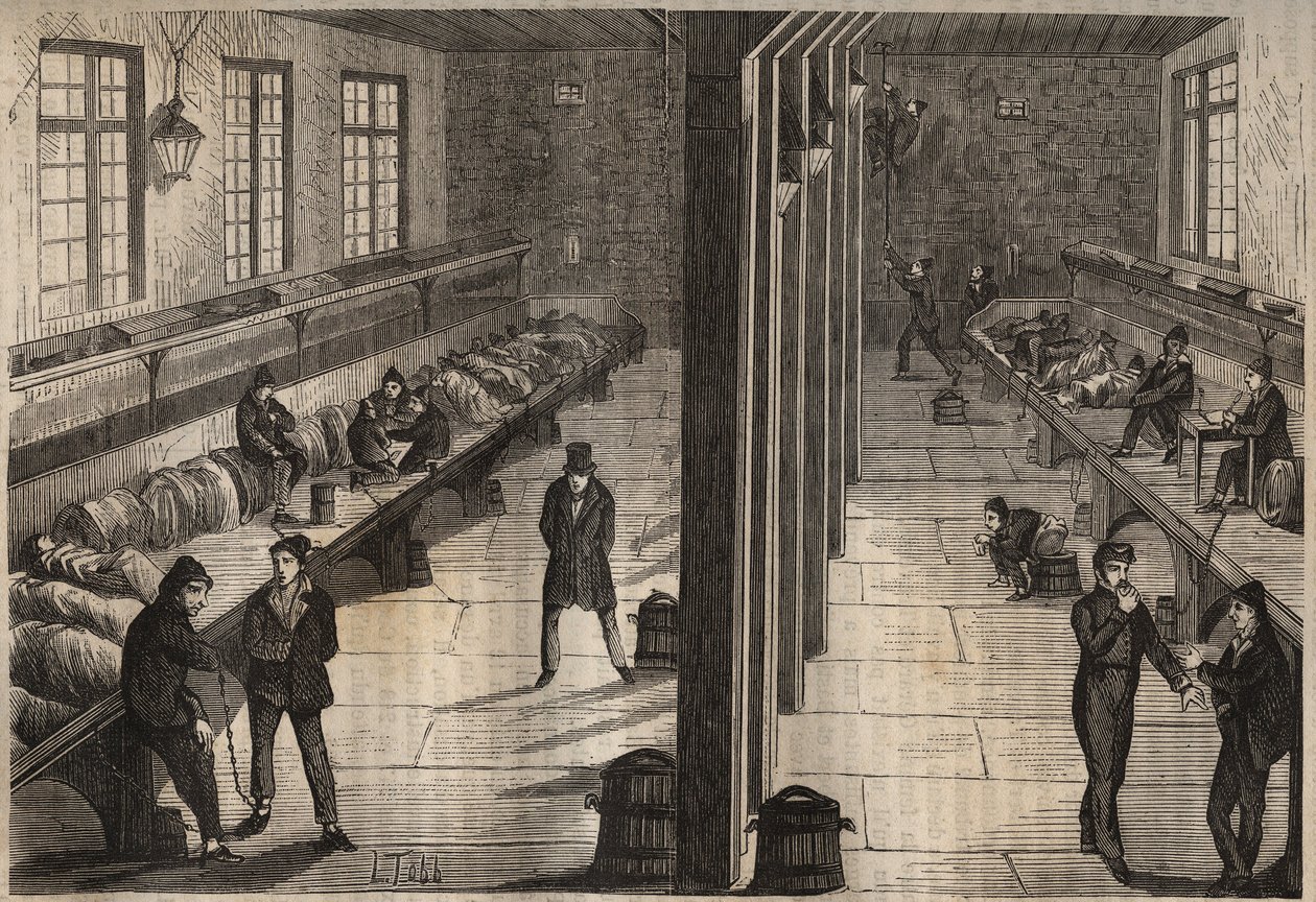 Flugt af tre fanger i værelset Saint Gilles i bagne de Rochefort den 28. december 1840. Indgravering i "Historien om bagnes siden deres skabelse til i dag"" (1877) af Pierre Zaccone (1817-1895) (Colonia Penale - Straffekoloni). Privat samling. af Anonymous Anonymous