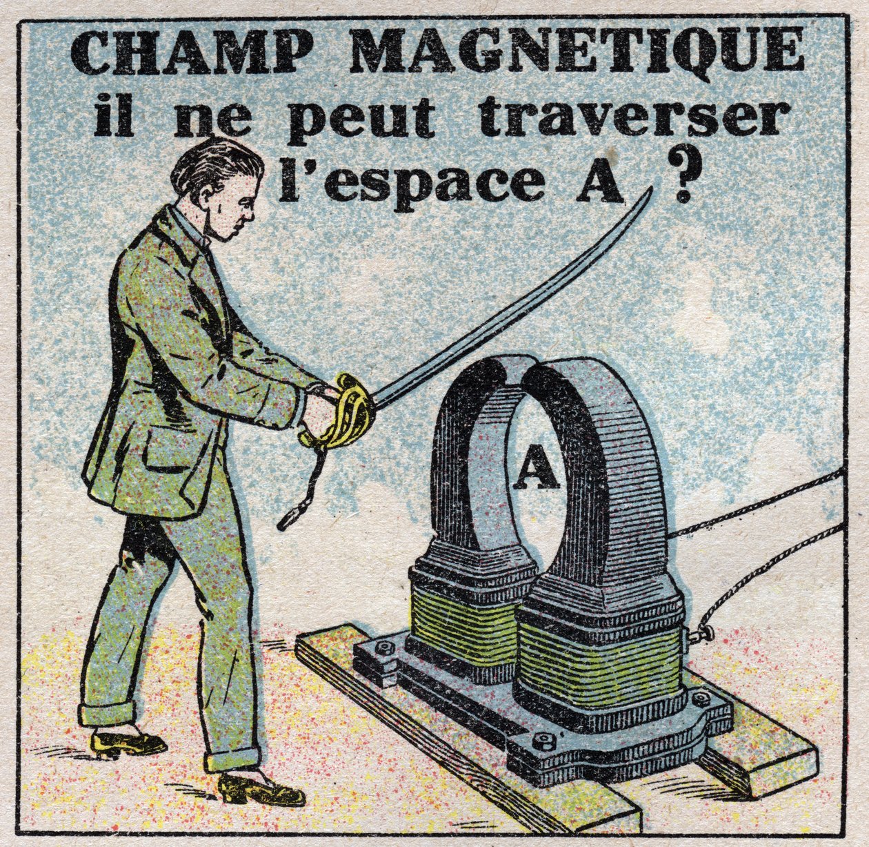 Ether (materiale): magnetisk felt. Kan han ikke krydse mellemrum A? Anonym illustration fra 1925. Privat samling. af Anonymous Anonymous