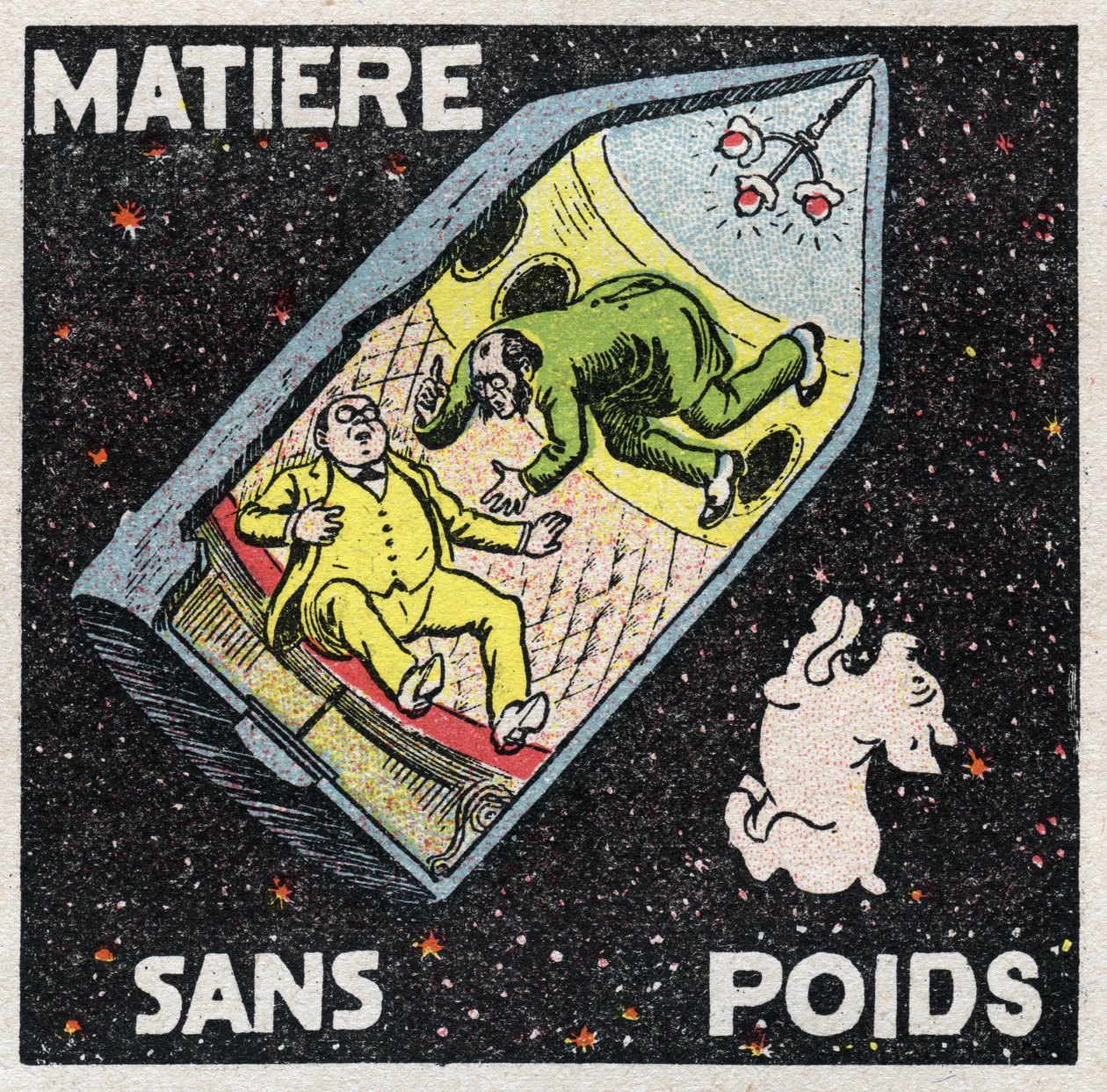 Ether (materiale): materiale uden vægt. Scene i romanen af Jules Verne (1828-1905) "Fra Jord til Måne", hvor skallen med passagerer krydsede det punkt, hvor Jordens og Månens tiltrækning er lige og modsat. Karaktererne er wei af Anonymous Anonymous