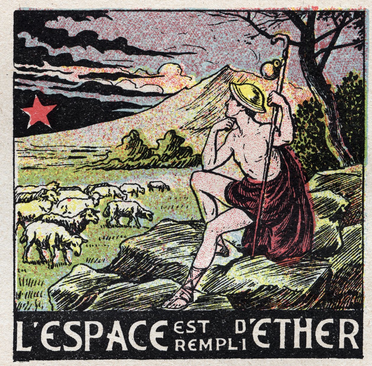 Æter (materiale): rummet er fyldt med æter. En hyrde fra antikken betragter himlen. Anonym illustration fra 1925. Privat samling. af Anonymous Anonymous