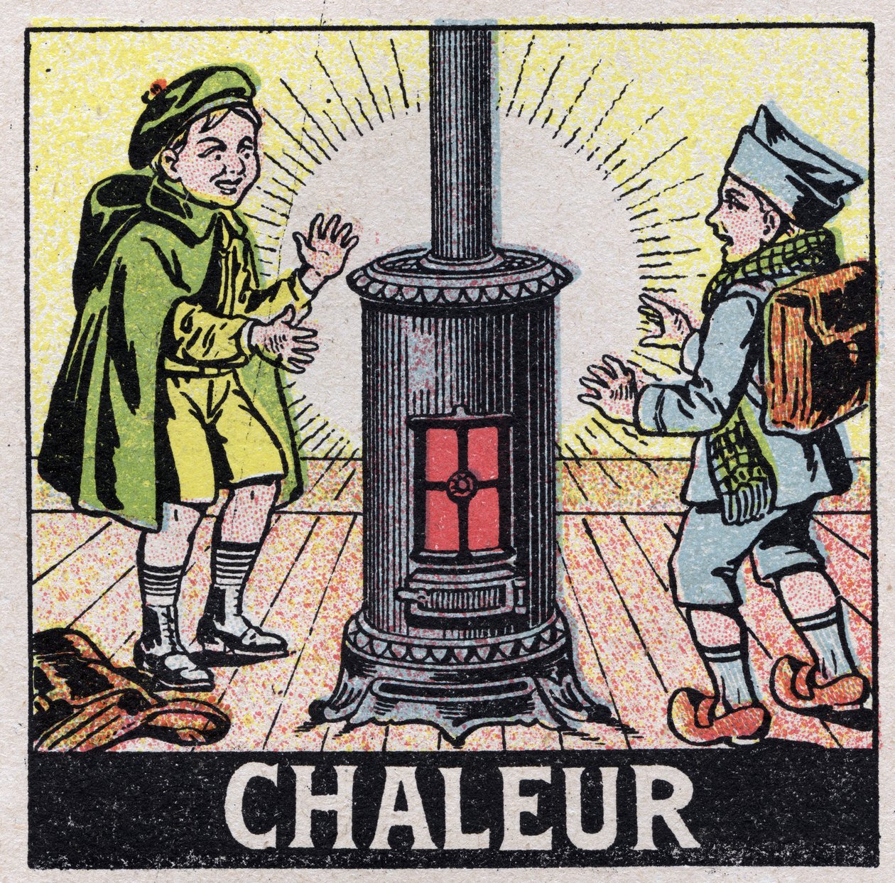 Ether (materiale): to børn opvarmet af varmen fra et komfur. Anonym illustration fra 1925. Privat samling. af Anonymous Anonymous