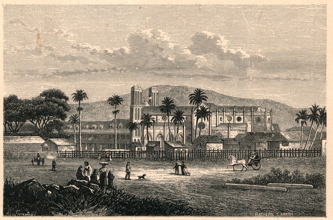 Udvendig udsigt over katedralen i Port of Spain i Trinidad og Tobago, Trinidad og Tobago. Indgravering i "The Catholic Missions in the Nineteenth Century" af Louis-Eugene (Louis Eugene) Louvet. privat samling. af Anonymous Anonymous