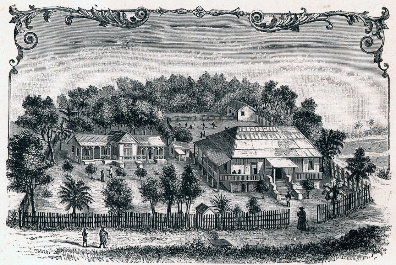 Udvendig udsigt over præstegården og skolen i Hell Ville (Hell-Ville) (Andoany), hovedstaden på øen Nosy Be på Madagaskar. Indgravering i "Les Missions Catholiques au XIXeme Siecle"" af Louis-Eugene (Louis Eugene) Louvet. privat samling. af Anonymous Anonymous