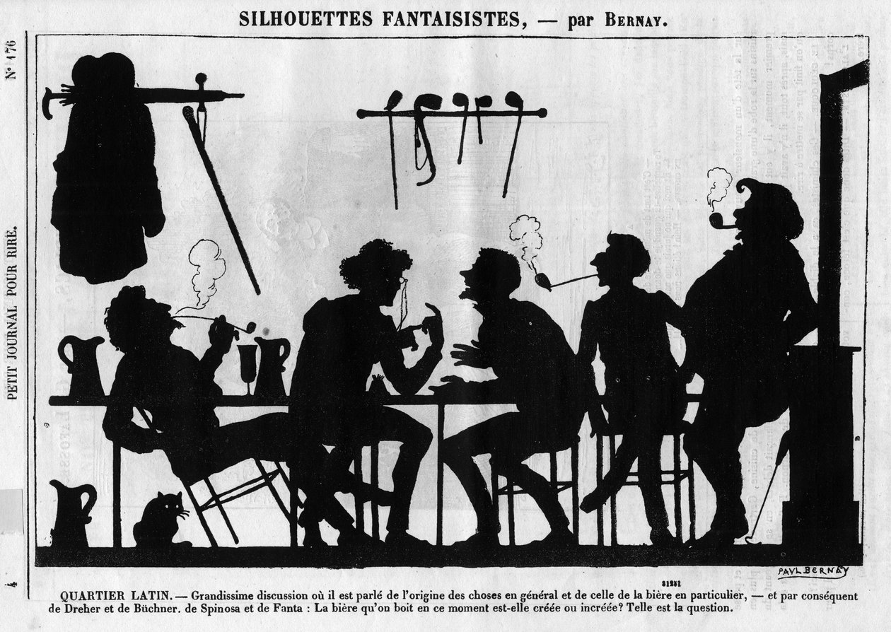 Fantastiske silhuetter af Bernay. Tegnefilm om parisiske intellektuelle: "" Latinerkvarteret. Fantastisk diskussion, hvor det taler om tingenes oprindelse i almindelighed og øl i særdeleshed...” Indgravering i “” Petity Journal pour Rire”” af Anonymous Anonymous