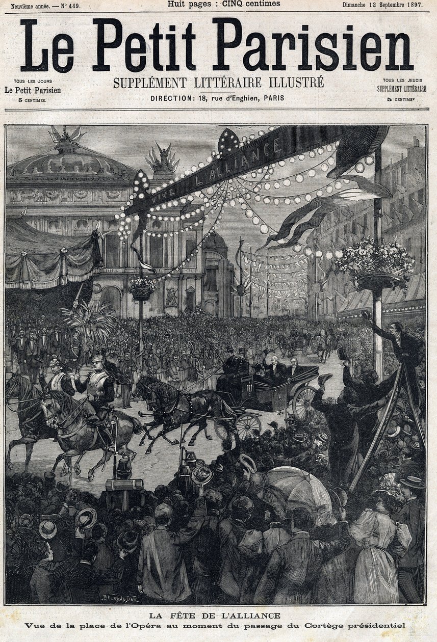 Fest for den fransk-russiske alliance (fransk-russisk): udsigt over Operapladsen under passagen af Felix Faures præsidentielle Cortege (1841-1899). I "" Le Petit Parisien"" den 12/09/1897. Privat samling af Anonymous Anonymous