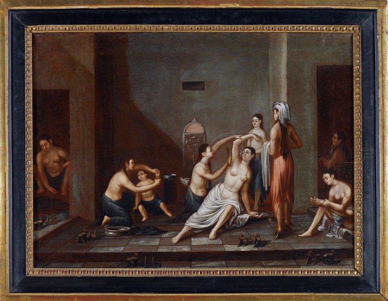 ""Kvinder i et hammam vasker hinanden"" (Ladies in the Hammam) Anonymt maleri 1741 - Olie på lærred, 39x53 - Privat samling af Anonymous Anonymous
