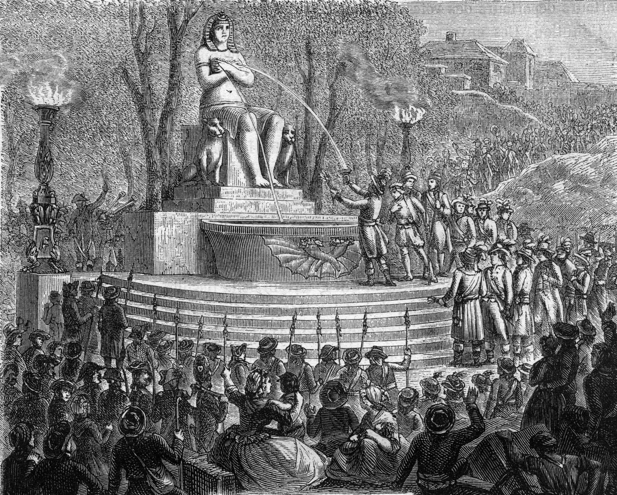 Ny forfatningsdag (29. Thermidor år I eller 10. august 1793) - Genfødelsesfontænen på Bastillens affald (10. august 1793) - Indgravering i "Histoire des Girondins"" af Alphonse de Lamartine (1790-1869) 1865-1866 - Privat lim af Anonymous Anonymous