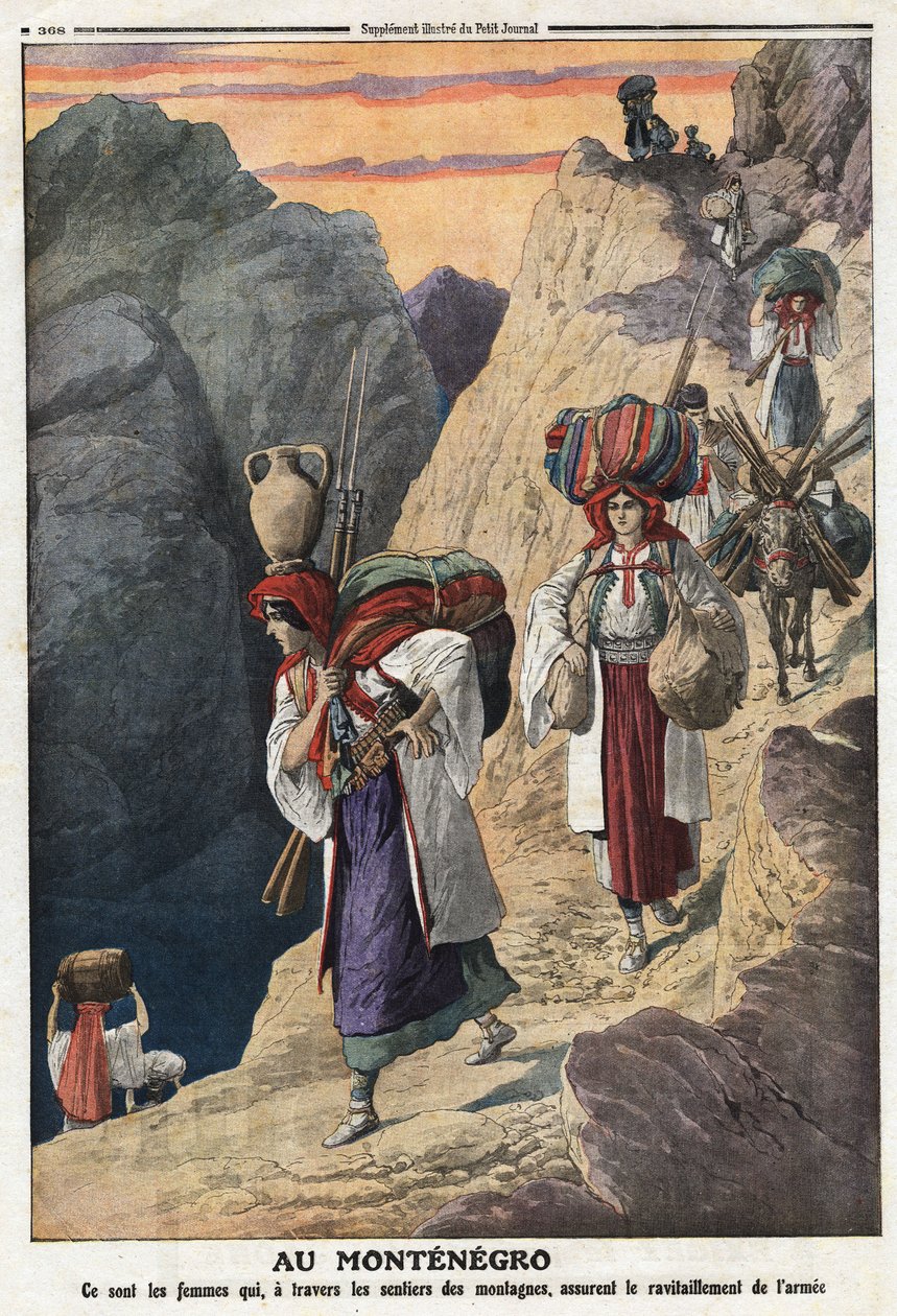 Første Balkankrig (Balkan): Montenegrinske kvinder krydser bjergene til fods for at sikre våbenforsyningen. Illustration taget fra "" Le Petite Journal"" 17/11/1912 Privat samling. af Anonymous Anonymous