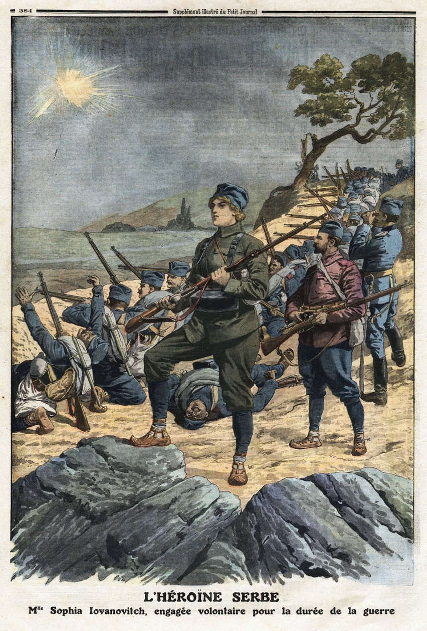 Første Balkankrig: portræt af Sophia Yovanovich, en ung serbisk kvinde, der meldte sig frivilligt mod Tyrkiet. Illustration taget fra "" Le Petite Journal"" 01/12/1912 Privat samling. af Anonymous Anonymous