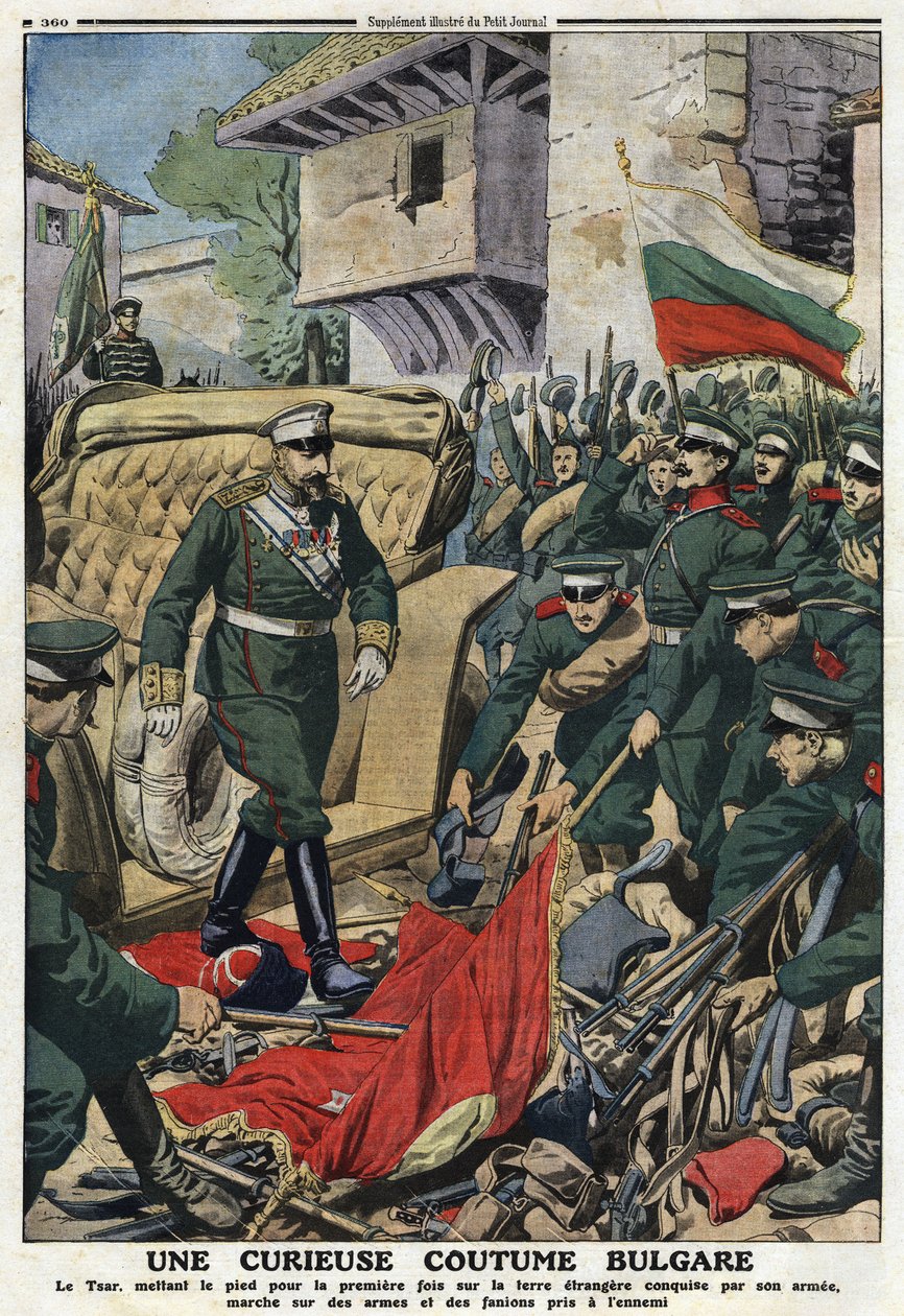 Første Balkankrig (Balkan): Tsar Ferdinand I af Bulgarien (1861-1948) marcherer mod fremmede lande erobret af hans hær i Mustapha-Pasha (Mustapha Pasha), nu Ferdinandovo, pietiner fjenders våben og vimpler""" illustration fra " Den Lille Journal"" af Anonymous Anonymous