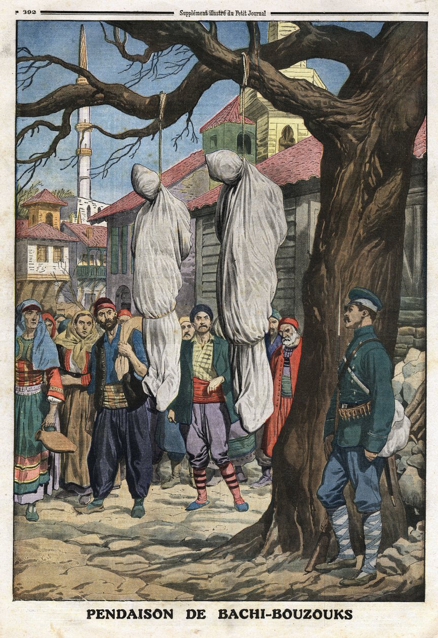 Første Balkankrig (Balkan): hængning af Bachibuzuk (Bachibuzuk, Bachi Buzuk), lejesoldater fra den osmanniske hær, røvere og plyndrere, taget til fange af den bulgarske hær i landsbyen Ketcheukeli. Illustration taget fra "" Le Petite Journal"" 08/12/1912 af Anonymous Anonymous