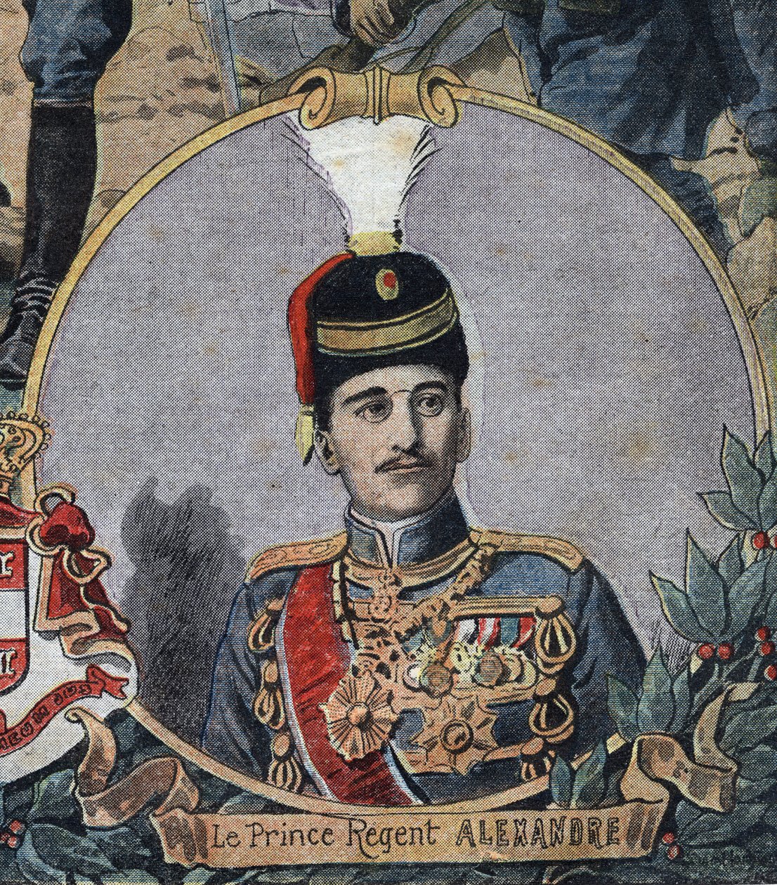 Første Verdenskrig 1914-1918 (14-18): Portræt af prinsregenten af Serbien Alexander, som blev kong Alexander I af Jugoslavien eller Alexander II af Serbien (1888-1934). Indgravering i "" Le Petite Journal"" af Anonymous Anonymous