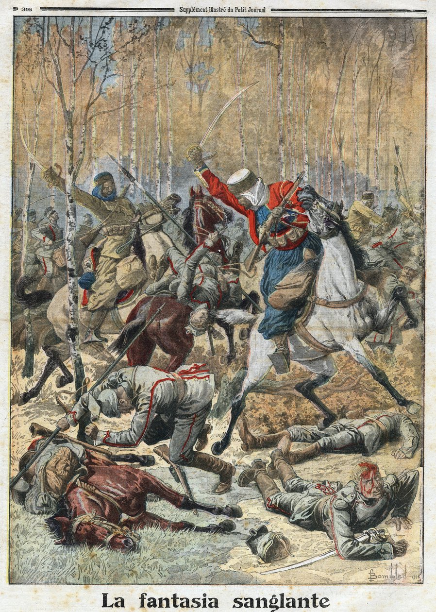 Første Verdenskrig 1914-1918 (14-18): "Den blodige fantasi". I skoven kæmpede en flok på tredive uhlans (tyske ryttere med et spyd) af otte sejrrige algeriske spahier. Indgravering i "" Le Petite Journal"", den 28.11.1915. Privat samling. af Anonymous Anonymous