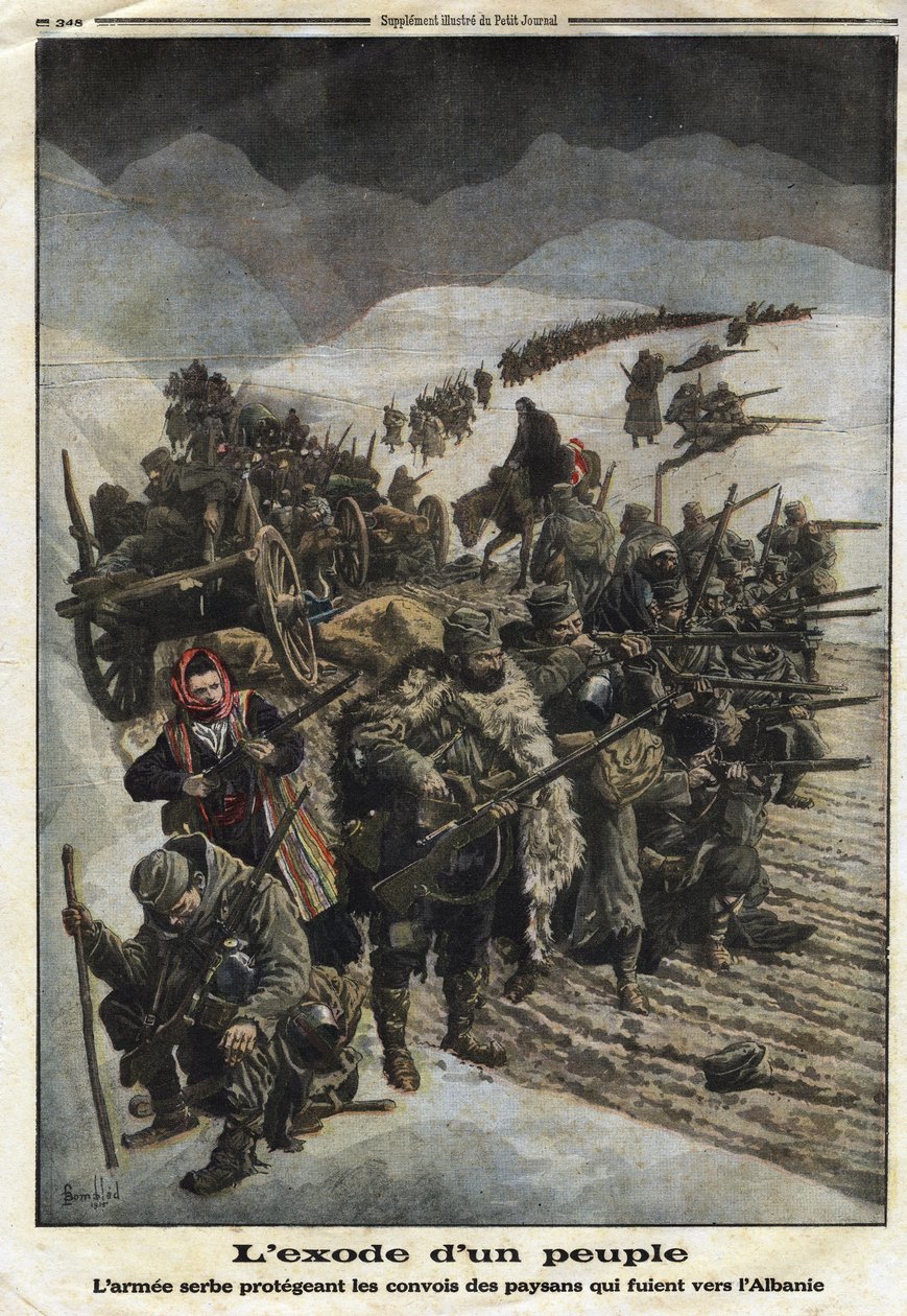 Første Verdenskrig 1914-1918 (14-18): "The Exodus of a People". Den serbiske hær beskytter konvojer af bønder, der flygter fra Serbien til Albanien. Indgravering i "" Le Petite Journal"", den 26/12/1915. Privat samling. af Anonymous Anonymous