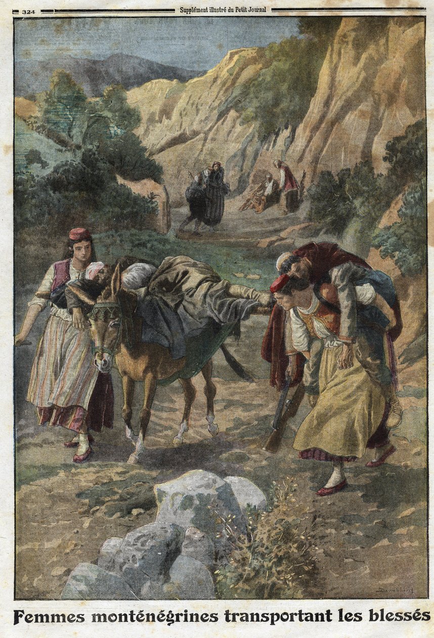Første Verdenskrig 1914-1918 (14-18): kvinder fra Montenegro bærer sårede mænd i krig på ryggen af multer eller på deres egne skuldre. Indgravering i "" Le Petite Journal"", den 5/12/1915. Privat samling. af Anonymous Anonymous