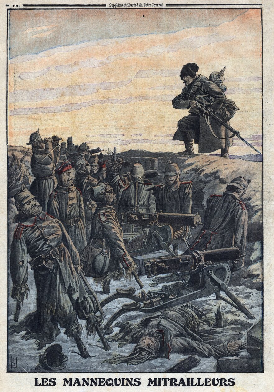 Første Verdenskrig 1914-1918 (Krig 14-18).Tyske soldater bruger mannequiner, som de har i skyttegrave med maskingeværer for at bedrage den russiske fjende så fælde. I "" Le Petite Journal"", den 06/02/1916. Privat samling af Anonymous Anonymous