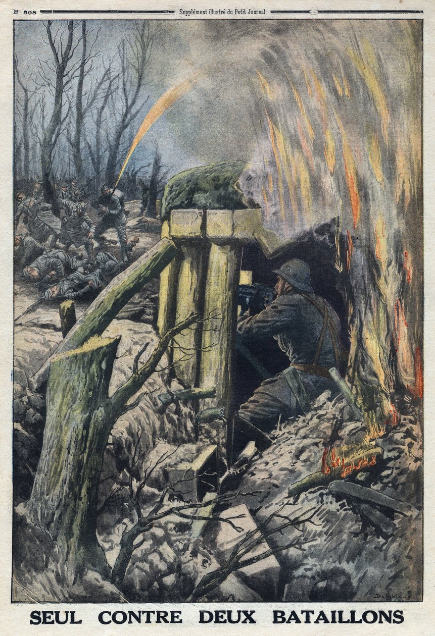 Første Verdenskrig 1914-1918 (Krig 14-18). En fransk officer kæmper på egen hånd mod to bataljoner af den tyske hær i Bois de Caures. I "" Le Petite Journal"", den 14/05/1916. Privat samling af Anonymous Anonymous