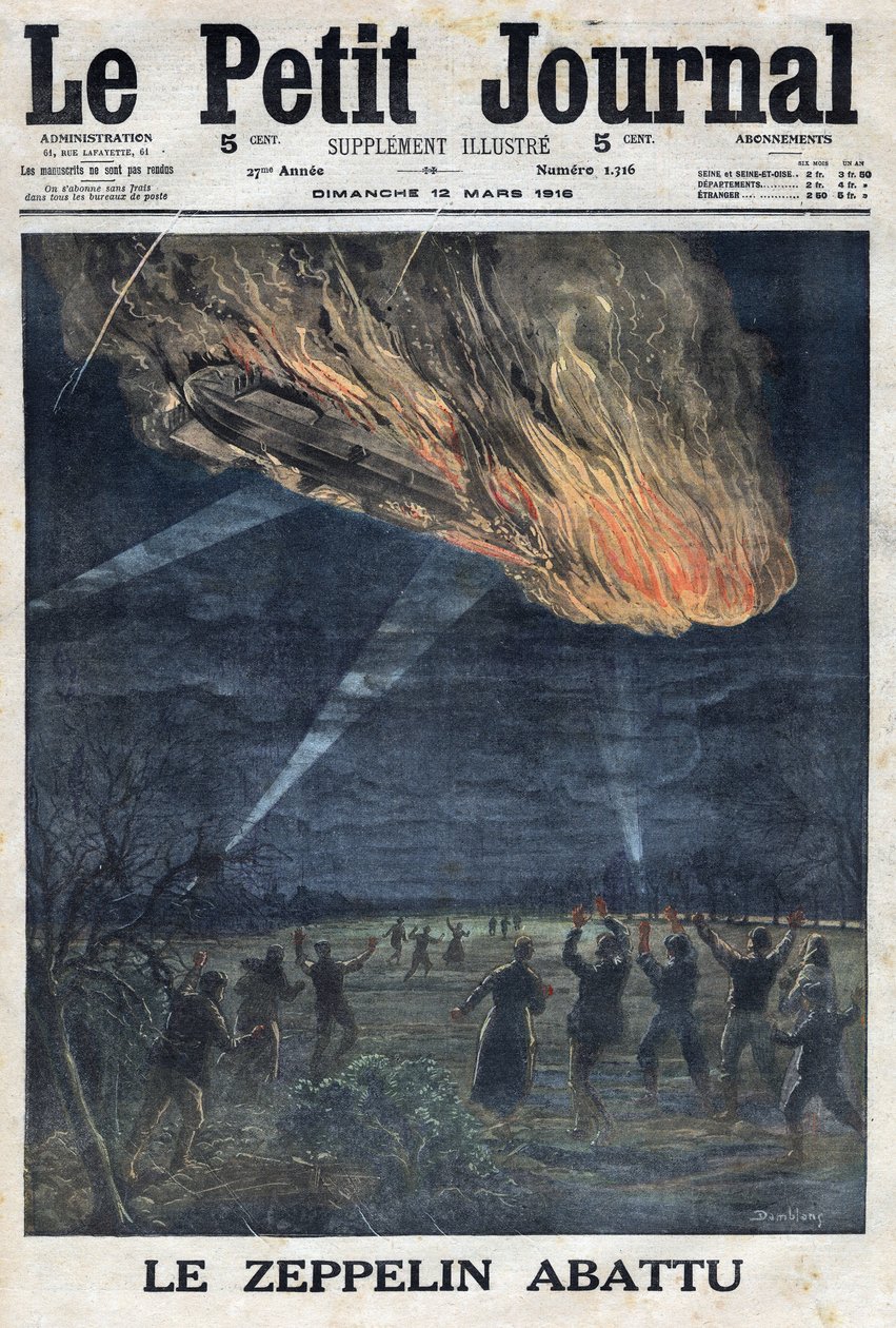 Første Verdenskrig 1914-1918 (Krig 14-18). En zeppelin fra den tyske hær skudt i fri luft af den franske hær nær Sainte Menehould (Sainte-Menehould). I "" Le Petite Journal"", den 12/03/1916. Privat samling af Anonymous Anonymous