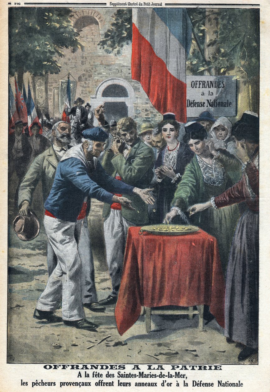 Første Verdenskrig 1914-1918 (Krig 14-18). Ved festen des Saintes Maries de la Mer (Saintes-Maries-de-la-Mer) tilbød sømændene nationen guldringene for at finansiere bistanden til det nationale forsvar. I "" Le Petite Journal", den 12/11/1916. Privat samli af Anonymous Anonymous