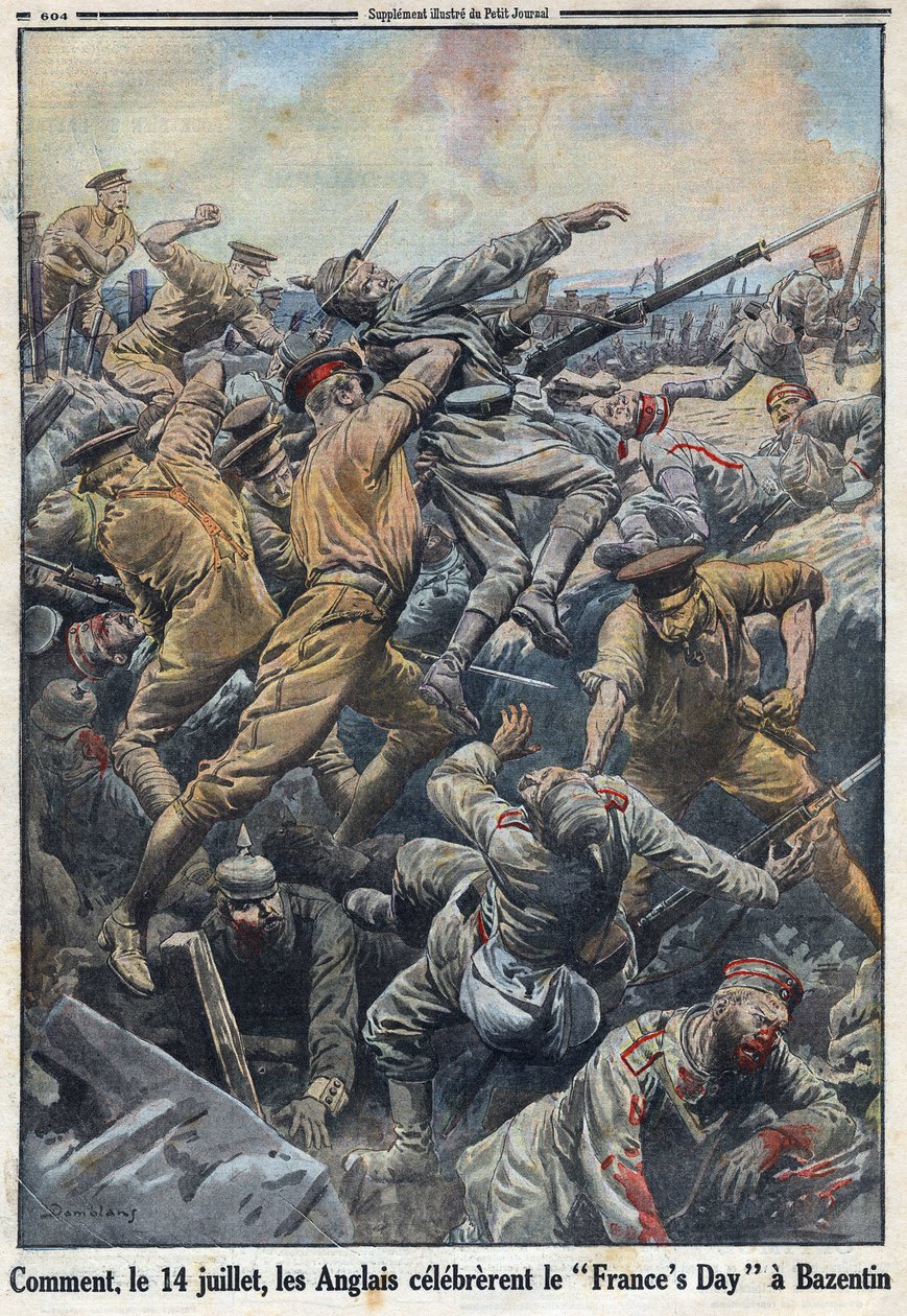 Første Verdenskrig 1914-1918 (Krig 14-18). Slaget ved Kreta Bazentin den 13. og 14. juli 1916 hvor englænderne modsatte sig den tyske hær. I "" Le Petite Journal"", den 6/08/1916. Privat samling af Anonymous Anonymous