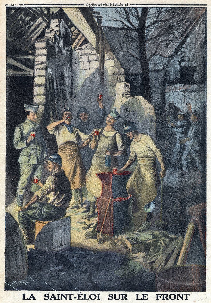 Første Verdenskrig 1914-1918 (Krig 14-18). Fejring af Saint Eloi (Saint-Eloi) af soldater på fronten. De drikker alle et glas rødvin til festen. I "" Le Petite Journal", den 3/12/1916. Privat samling af Anonymous Anonymous