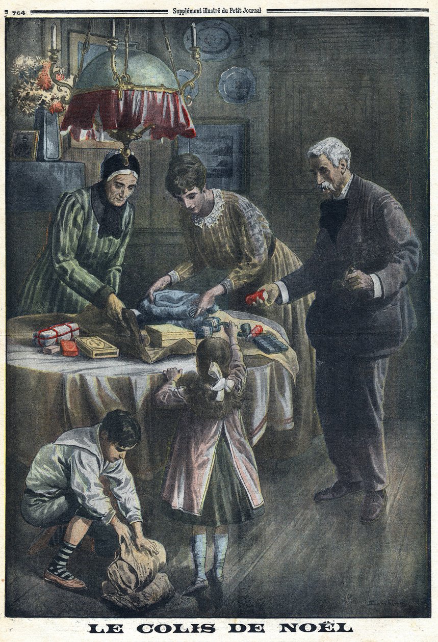 Første Verdenskrig 1914-1918 (Krig 14-18). Julegave: Børn modtager og pakker pakker ud, de har modtaget fra deres far på slagmarken juleaften. I "" Le Petite Journal"", den 24/12/1916. Privat samling af Anonymous Anonymous
