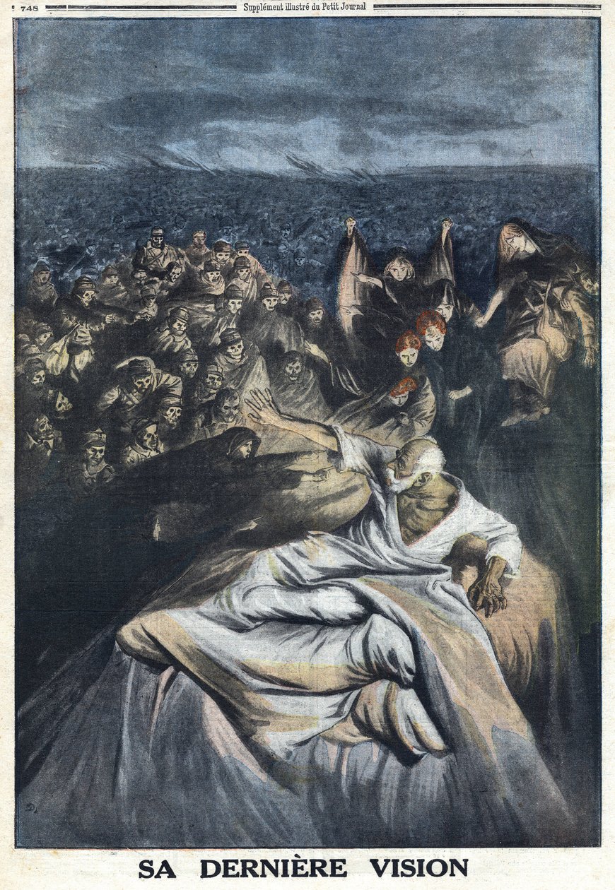 Første Verdenskrig 1914-1918 (Krig 14-18). Francois Joseph I af Østrig (1830-1916) døde. Hans seneste vision repræsenteret her gør ham skyldig i alle de berygtede forbrydelser, han har begået. I "" Le Petité Journal" af Anonymous Anonymous